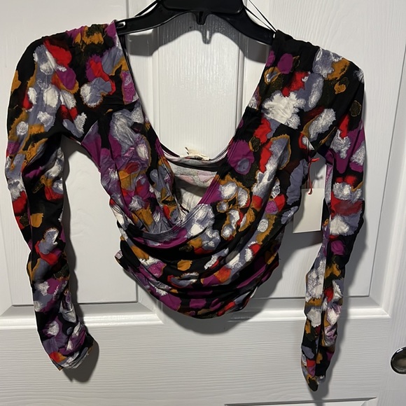 Open Edit Off the Shoulder Ruched Top in Black Multi Painted Confetti...MSRP $35 - Picture 3 of 4